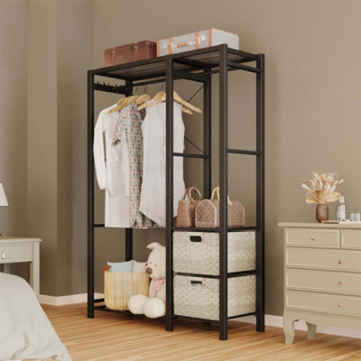 Acacia Wood Garment Racks with Shelves, 2 Wicker Drawers, and 4 Hooks for Heavy Duty Closet Organization