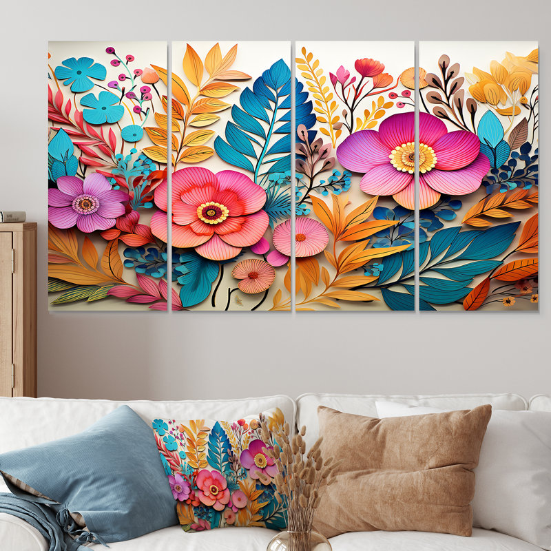 Collage de fleurs tropicales colorées et vibrantes - Fuschia, ensemble de 4 pièces d'art mural, H 32 po x l 64 po