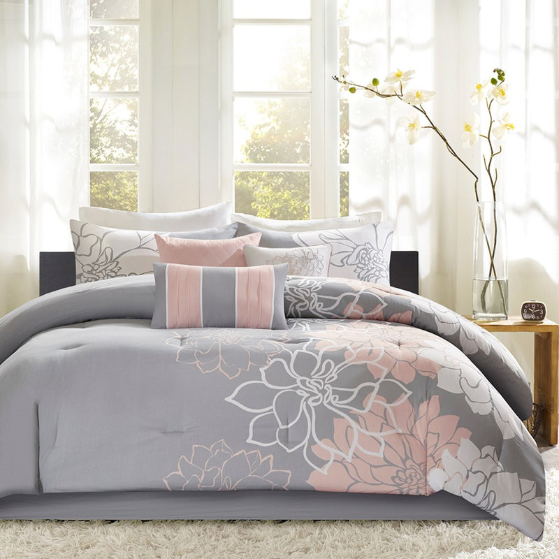 Édredon simple / simple en coton imprimé TG - gris / pêche avec jupe de lit et 3 oreillers décoratifs, Gris / pêche