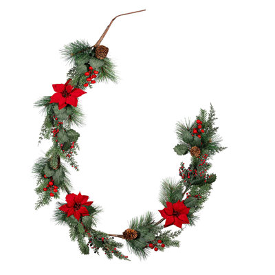 Holiday Poinsettia & Pinecones Artificial Garland, 72"L