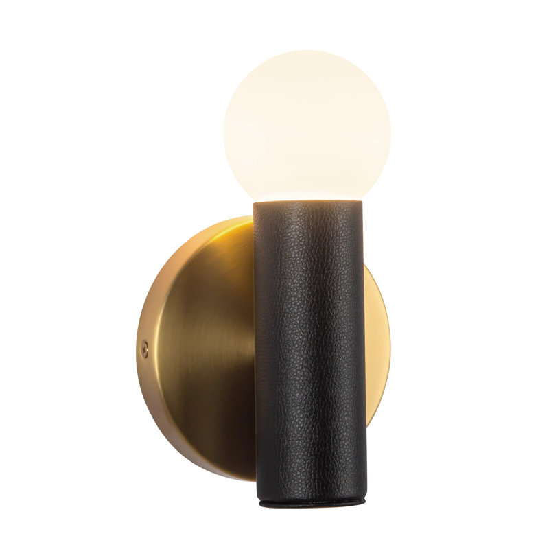 1 - Light Flush Mounted Sconce, Brushed Gold/Black Vegan Leather