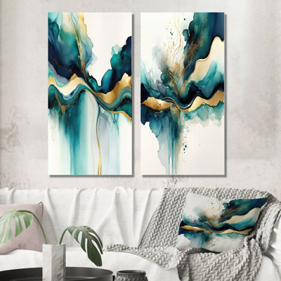 " Teal And Gold Abstract Expression I " 2 - Pieces