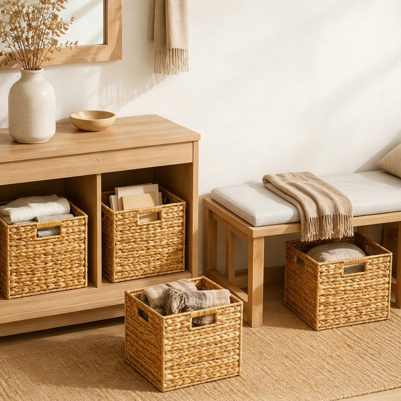 Paquet de 4 paniers de rangement en osier, bacs de rangement en rotin tissé jacinthe d'eau avec poignées, paniers à cubes pour tablettes