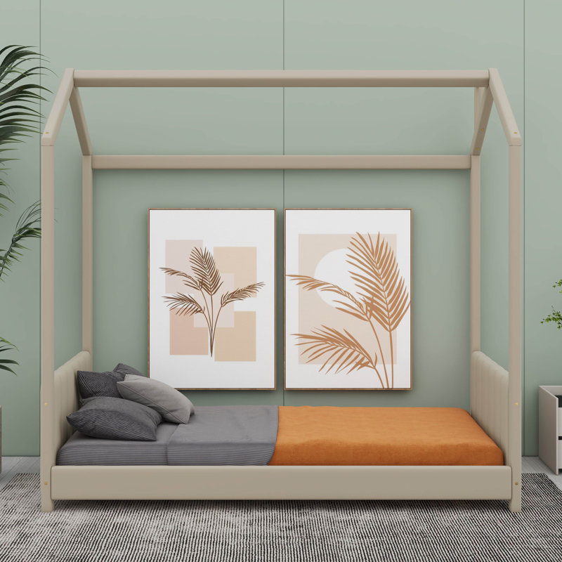 Lit en bois avec tête de lit en velours, Beige, Lit simple