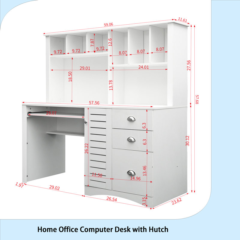 Home Office Computer Desk With Hutch, White