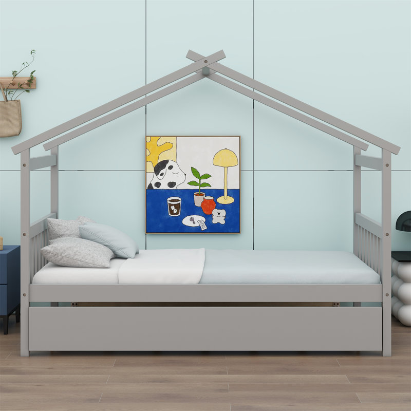 Lit en bois avec lit gigogne simple, Gris, Lit simple