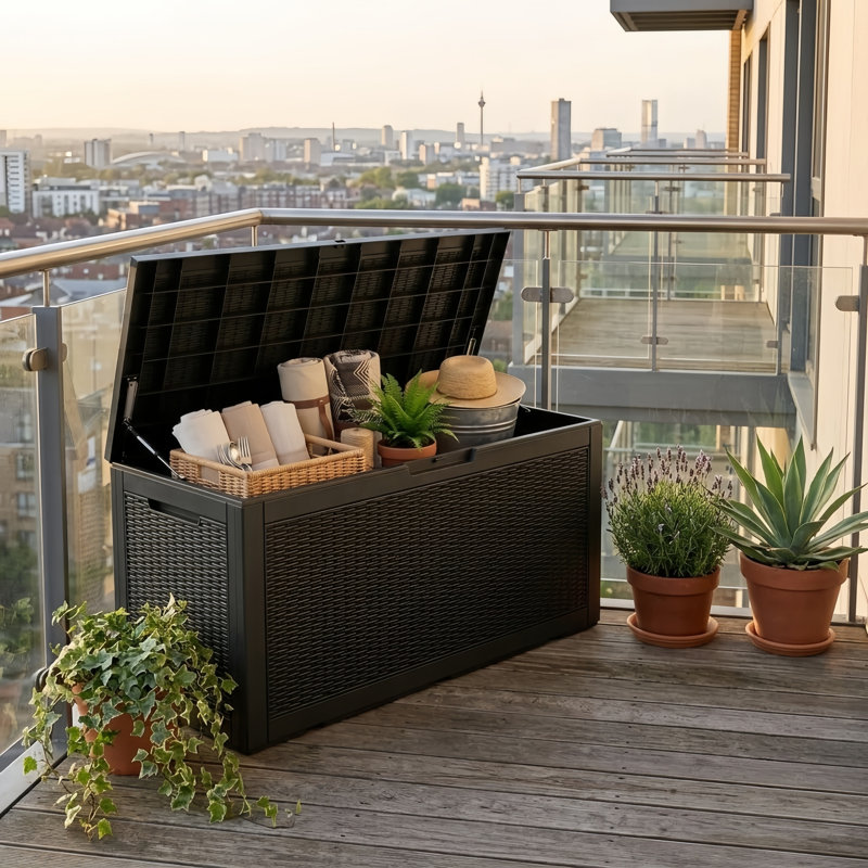 100 Gallon Outdoor Storage Deck Box, Waterproof Patio Storage Bench with Hydraulic Gas Struts and Lockable Lid, Black