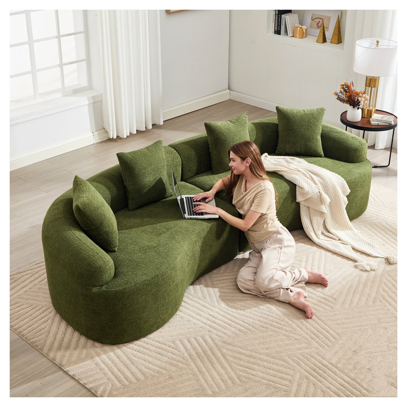 Canapé modulaire 110 po en chenille incurvé, canapé modulaire sans os avec mousse haute densité, Vert