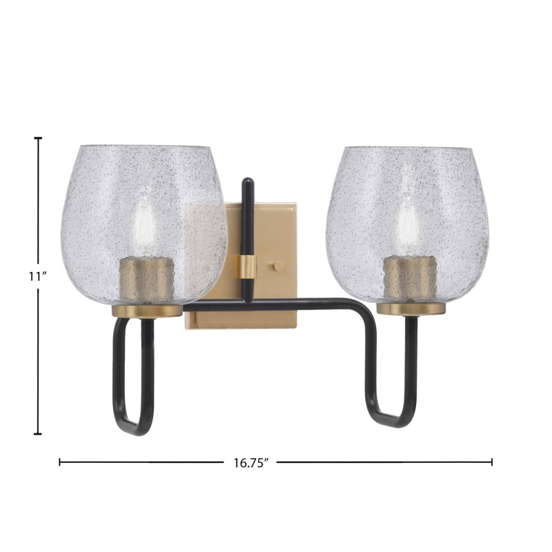 Barre d'éclairage de salle de bain 2 lumières Amarmula, noir mat et laiton vieilli, verre fumé 6 po, Transparent/noir