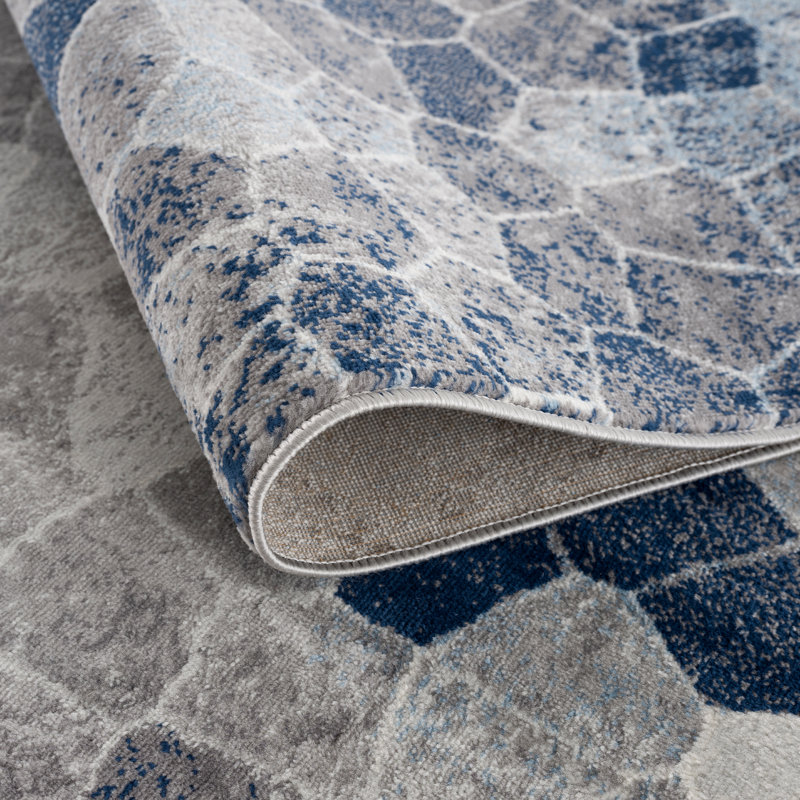 Chapeno Geometric Navy/Gray Area Rug, Rectangle 5'3" x 7'7"