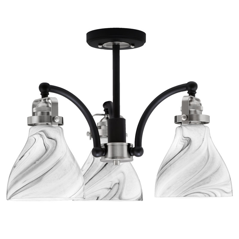Easton 3 Light Semi-Flush With 6.25", Matte Black/Brushed Nickel, Onyx Swirl Glass