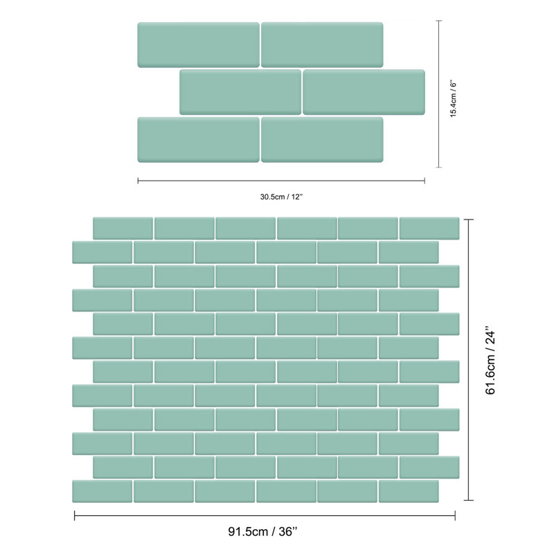 Anjli PVC Peel & Stick Subway Tile Sticker - 15cm x 30cm, Mint Green