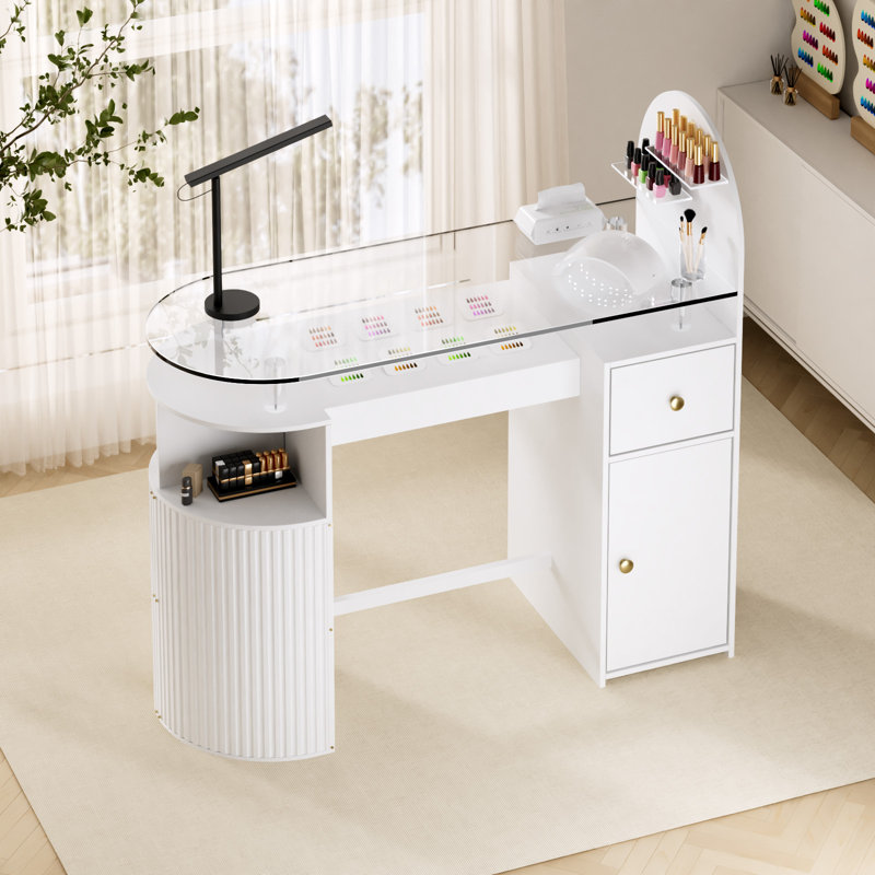 Station de manucure avec plateau en verre trempé, bureau professionnel avec armoire de rangement et tiroir, Blanc