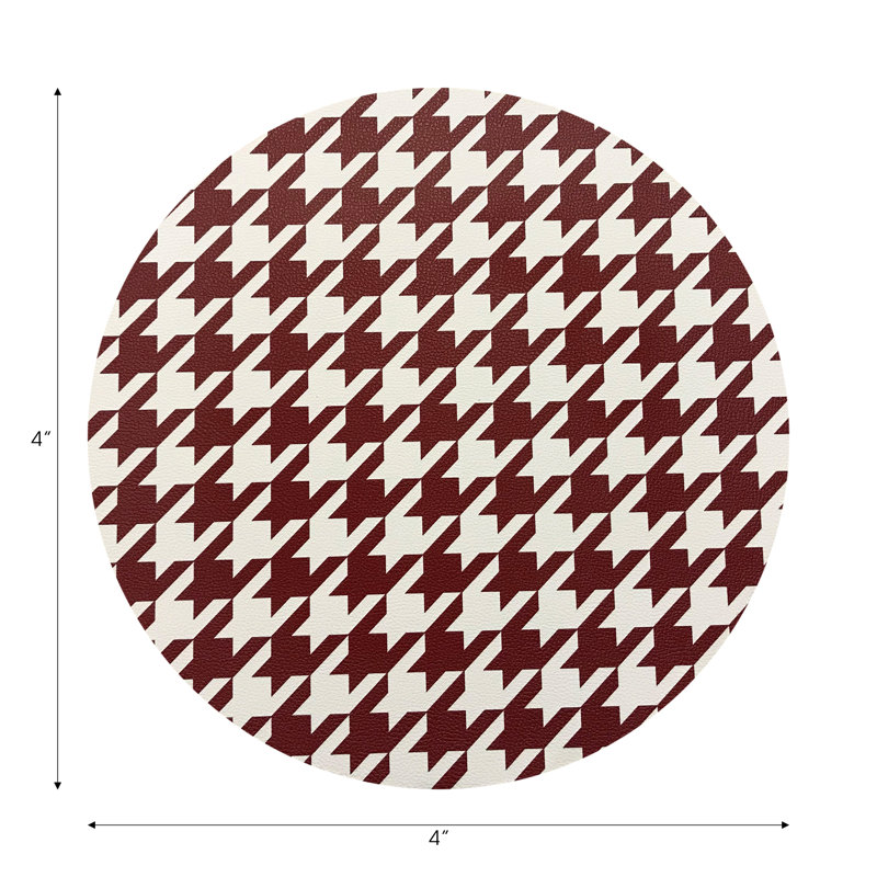 Houndstooth Black White Vegan Leather Round Coasters, Red White