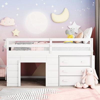 Lit mezzanine simple blanc avec pieds en bois massif et armoire / tablette polyvalente - blanc, bois manufacturé, avec tablette d'armoire