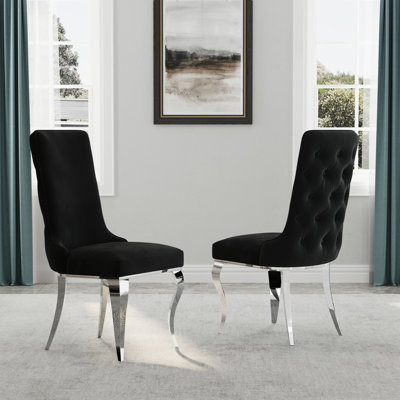 Black Velvet Button Tufted Dining Chairs With Mirrored Silver Metal Legs Set Of 2