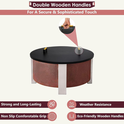 Firepit Snuffer Lid 28" - Rust Resistant Powder Coated 16 Gauge Carbon Steel Fire Pit Cover Round With Ergonomic Wooden Handle - Perfect Fit For Firepit Inside Dia Up To 26"