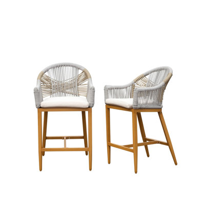 2 Seating Group Bar Stools - Outdoor With Cushion, Armrest, Rope, Aluminum Khaki For Patio, Pool, Garden Appeal Of 2 Chairs Arm And Back Support, Cushioned Counter Height Stools, Rope Quality For