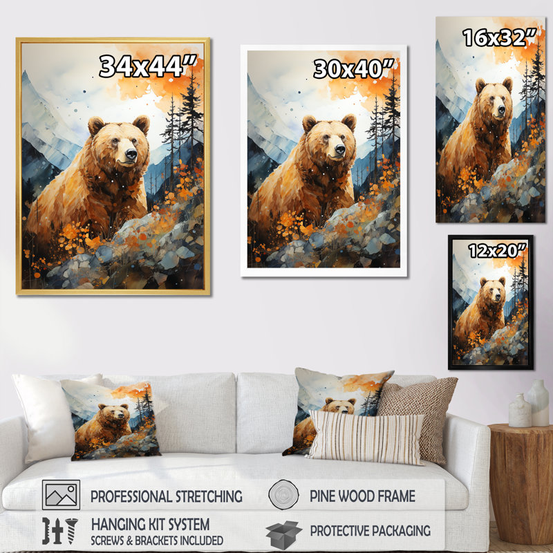 Portrait d'un ours sur une falaise de montagne - reproduction sur toile, Cadre flottant noir, H 32 po x l 16 po x P 1 po