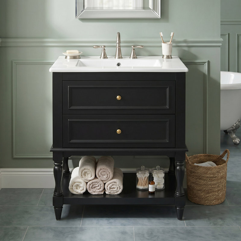 Meuble-lavabo de 24 po au design rétro avec lavabo en céramique standard, noir, 2 tiroirs et tablette ouverte, disposition de plomberie personnalisée, facile à nettoyer