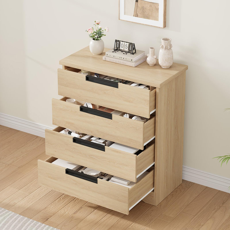 4 Drawer Dresser for Bedroom, Natural Chest of Drawers with Embedded Handles Design, Wooden Dresser Organizer, Brown