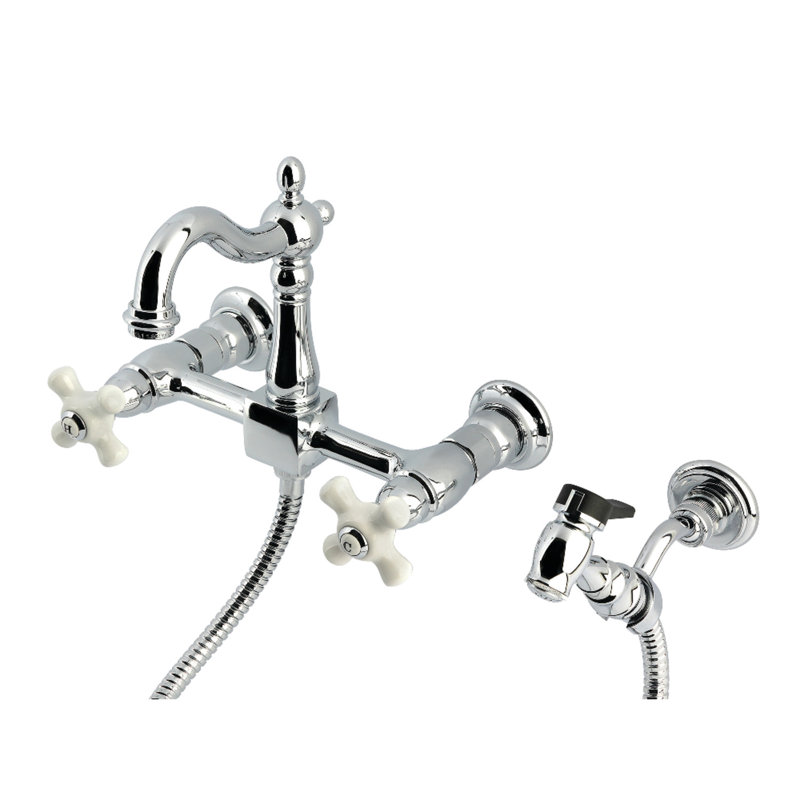 Kingston Brass Heritage Double-Handle 3-Hole Wall-Mount Bridge Kitchen Faucet with Brass Sprayer, Polished Chrome