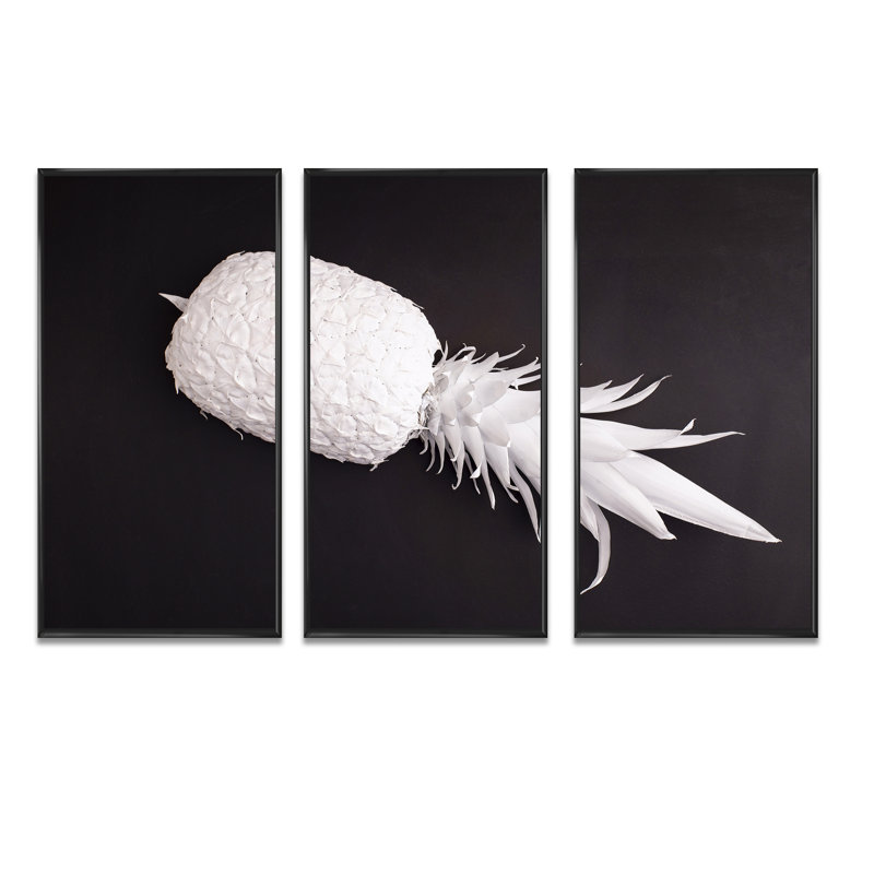Ananas blanc sur fond noir - reproduction de cadre flottant sur toile 3 pièces, Cadre noir, H 28 po x l 36 po x P 1 po