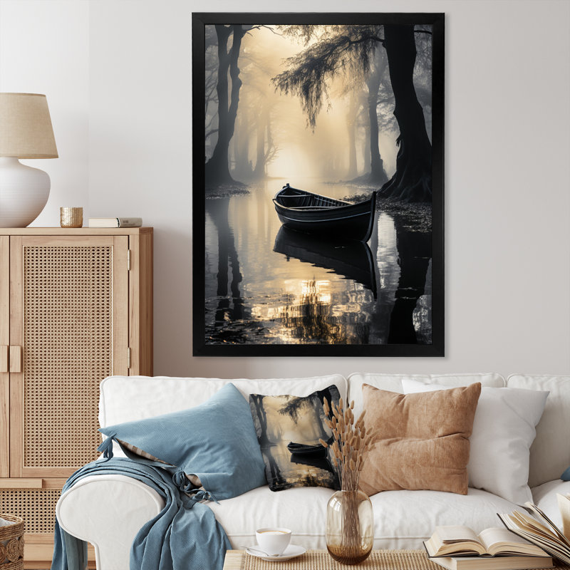" Beige Canal Serene Waterways Jet ", Black Picture Framed, 20" H x 12" W x 1" D