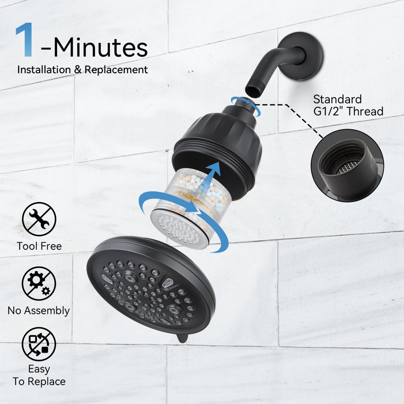 Filtered Shower Head, 7 Spray Modes & 5.5" Rainfall Shower Head 2.5 GPM, Matte Black