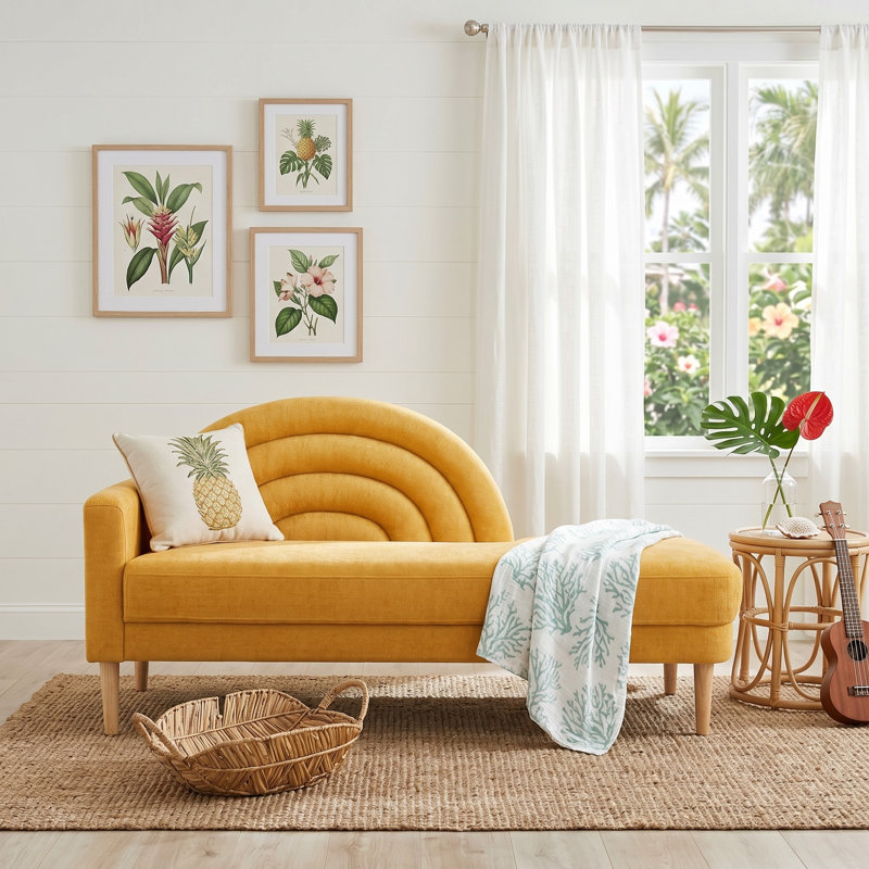 Rainbow-Inspired Linen Upholstered Chaise Lounge with Curved Backrest, Yellow