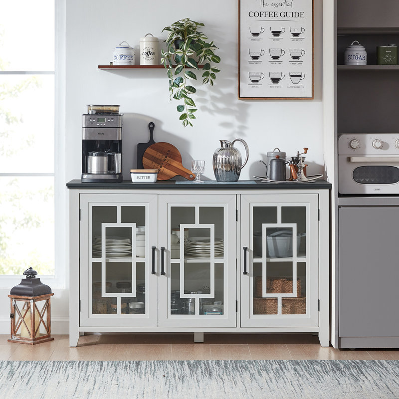 Large Sideboard Buffet Cabinet With Storage, 55" Farmhouse Kitchen Coffee Wine Bar Cabinet With 3 Glass Doors, Wood Mid Century Modern Side Board Table For Dining Room, Living Room