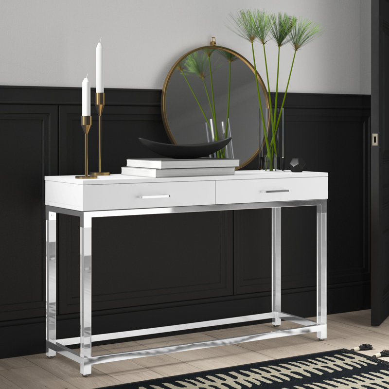 Ungar Maximo Console Table For Entryway Living Room, White/Chrome