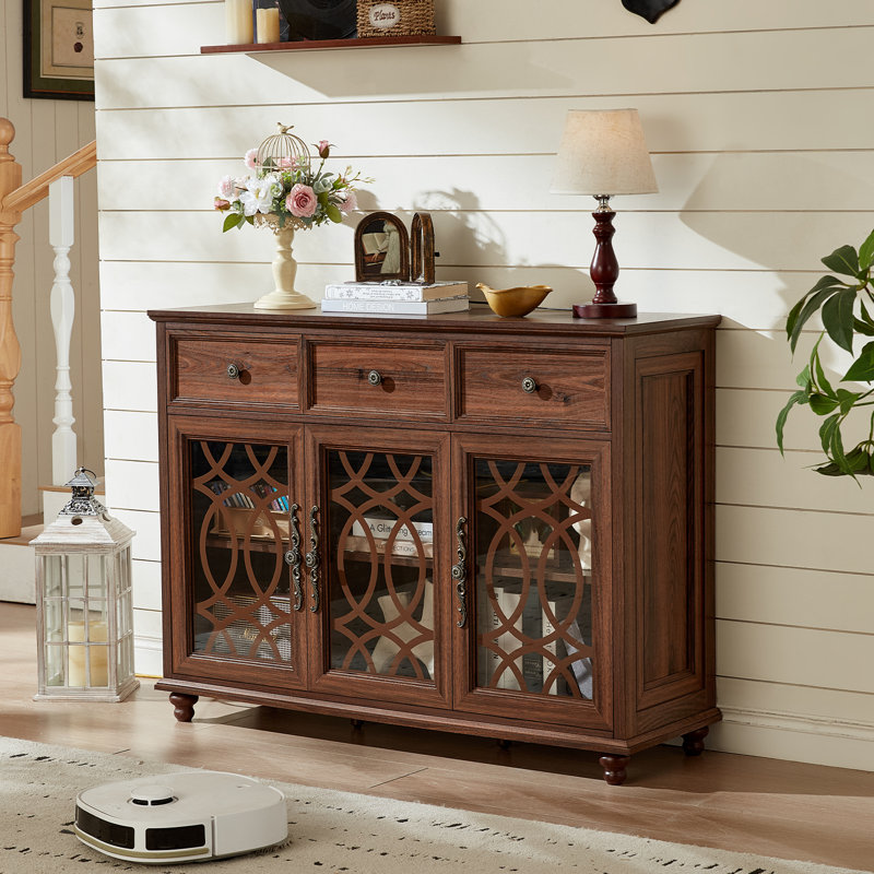 Sideboard Buffet Cabinet With Storage,48" Credenza With 3 Glass Doors & 3 Drawers,Adjustable Shelves Coffee Bar,Wood Kitchen Console Table For Dining Room,Living Room