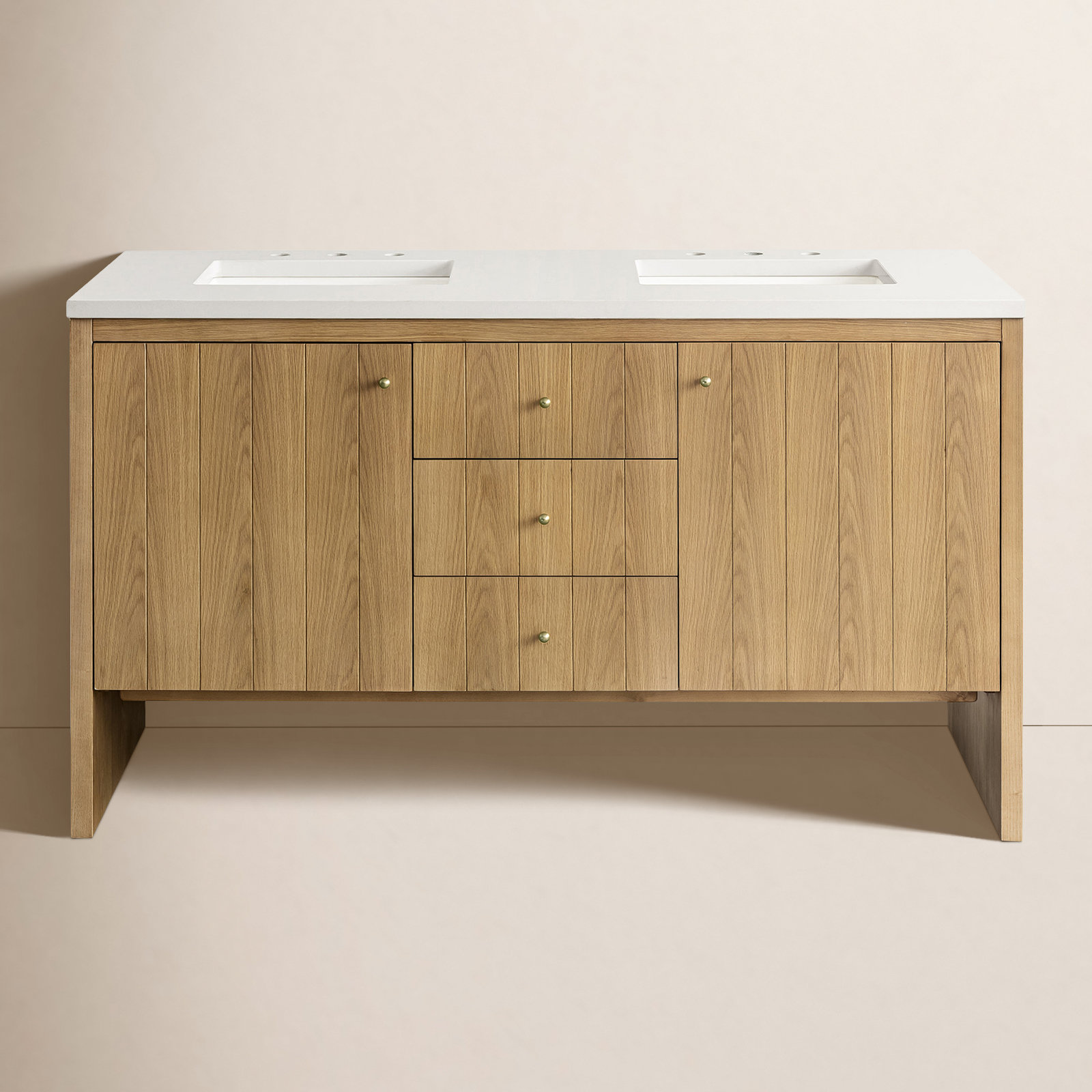 Hudson 60'' Double Bathroom Vanity, Light Natural Oak, White Zeus, Single-Hole