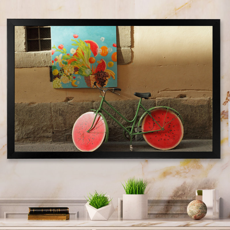 Retro Watermelon Bicycle - reproduction de cadre flottant sur toile, Cadre photo noir, H 8 po x l 12 po x P 1 po