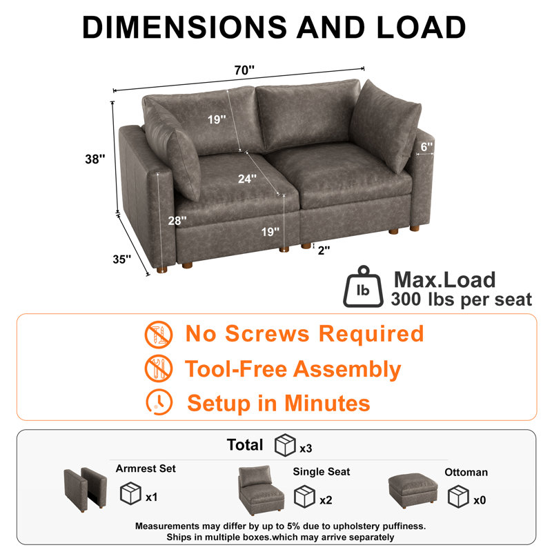 70" Leather Upholstered Sectional Sofa with Hidden Storage, GRAY, 2Seaters