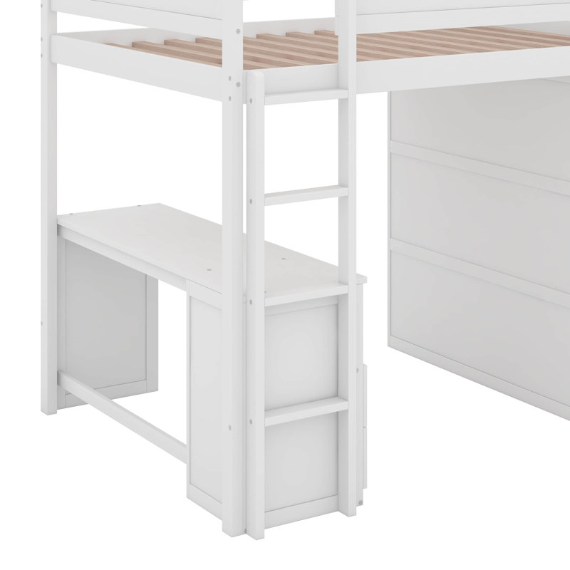 Lit mezzanine double avec placards et bureau, Blanc