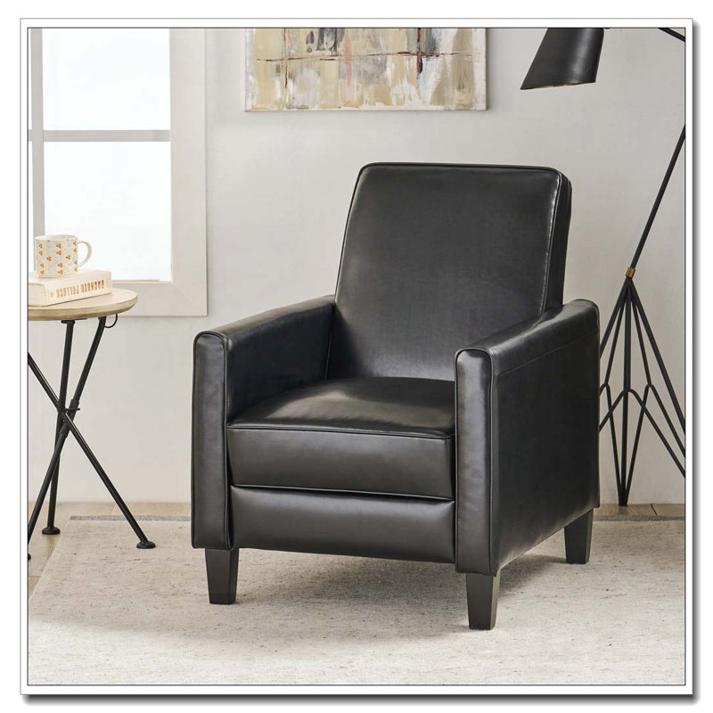 27.5" Push Back Recliner Chair Upholstered Recliner Armchair with Solid Beech Wood Legs, Polyester, Black