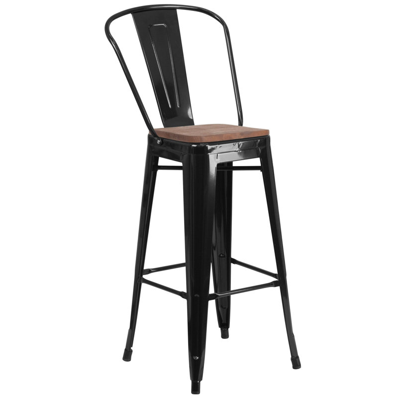 Rustic Bistro-Style Black Metal and Brown Wood Barstool