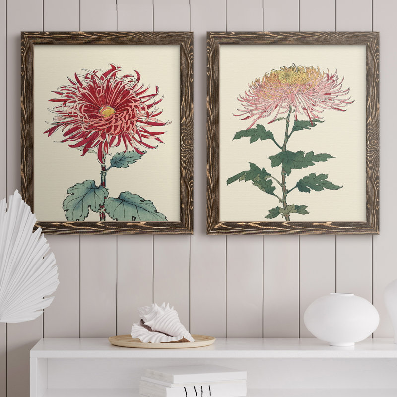 Toile de chrysanthème, H 20 po x l 17 po x P 1 po, Toile avec cadre en noyer