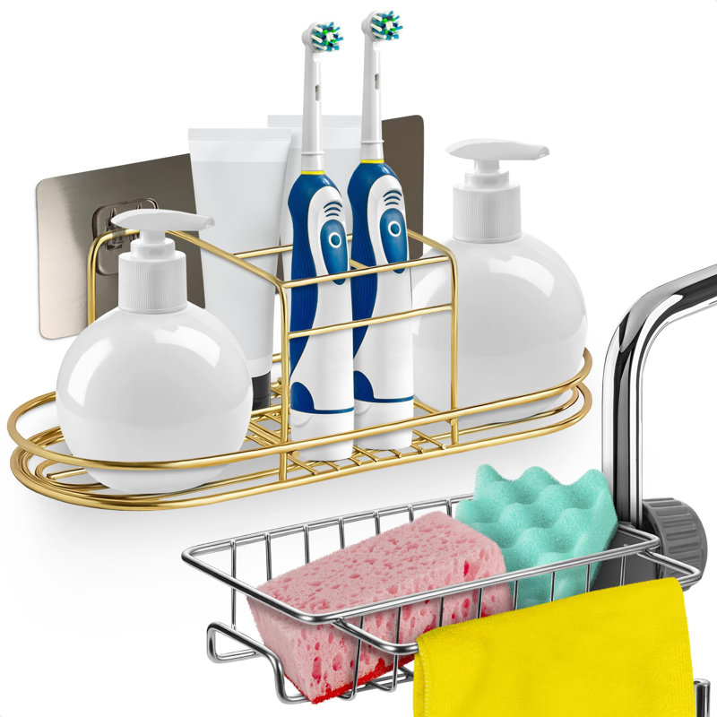 Porte-éponge et brosse à dents en acier inoxydable doré chromé - Organisateur élégant et polyvalent
