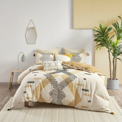 Housse de couette en coton 3 pièces double / grand, géométrique gris-jaune, torsadée, fermeture à boutons, 4 attaches de coin, décoration géométrique lavable à la machine,
