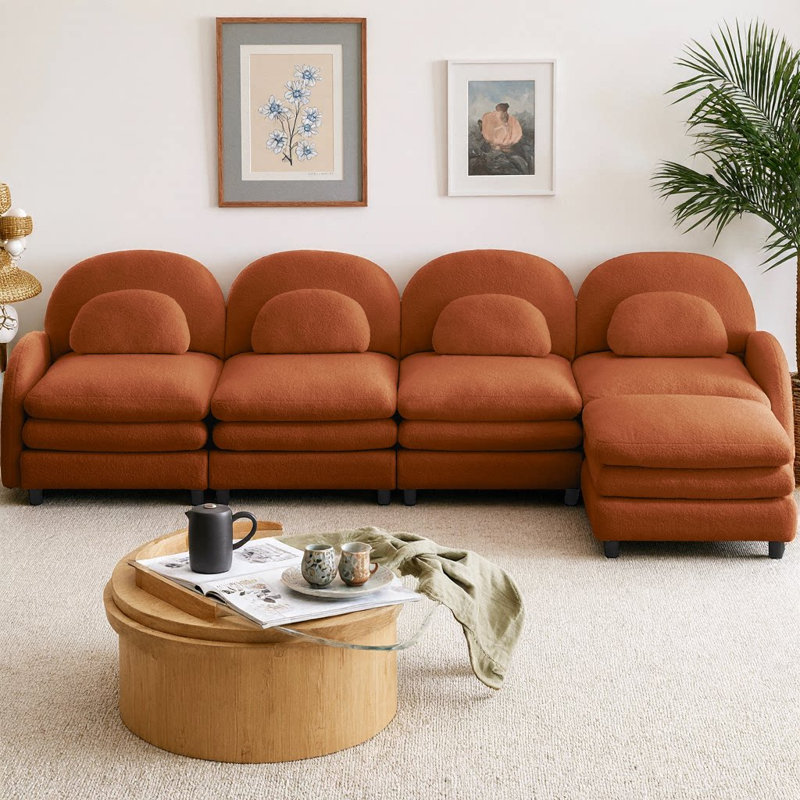 Teddy Fabric L-Shaped Cloud-like 4-Seater Modular Sectional Sofa, Curved Backrest & Armrests, Movable Ottoman, Double-Layer Cushion with Lumbar Pillows for Supportive Comfort