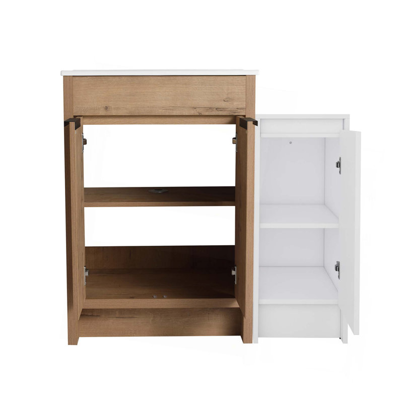 Meuble-lavabo autoportant avec lavabo en céramique et armoires de rangement, porte à fermeture douce