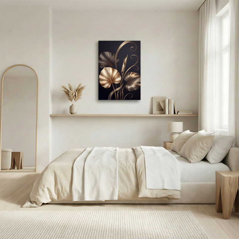 Feuilles métalliques dorées et bronze sur fond sombre, tableau sur toile, 24"H x 16"W