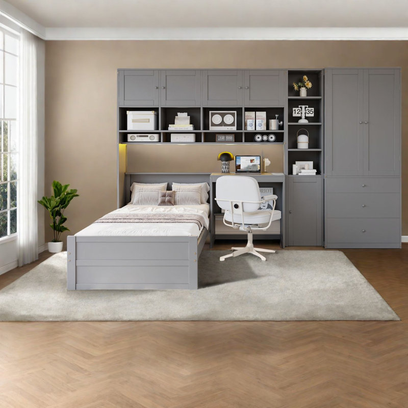 Lit simple multifonctionnel en bois avec rangement et bureau, maison moderne