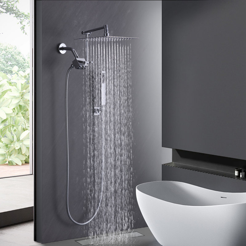 10 Inch All Metal Rainfall Shower Head With Handheld Combo, High Pressure Dual Rain Shower Head Spray, Push Button Switches, Adjustable Extension Arm, Polished Chrome