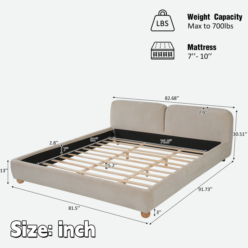 Lit plateforme tapissier avec tête de lit épaisse incurvée et pieds arrondis en bois d'hévéa, Taupe