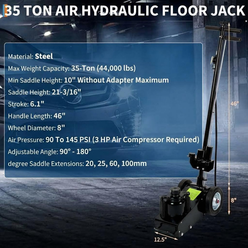 Cric hydraulique de plancher 35 tonnes, 77 000 lb, profil bas, 4 adaptateurs, noir, Noir, noir, noir, noir