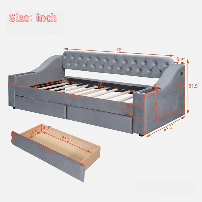Leyun  Daybed With Storage Armrests, Usb Ports, Side Pockets, 2 Drawers And Button Tufted Design, Gray